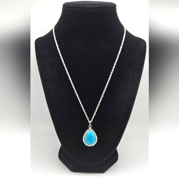 Richelieu Jewelry - RICHELIEU Turquoise Silver Teardrop Pear Rhinestone Pendant Necklace